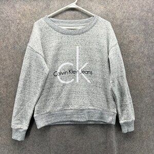 Calvin Klein Jeans Sweatshirt Womens Small Gray Logo Crewneck Pullover Fleece